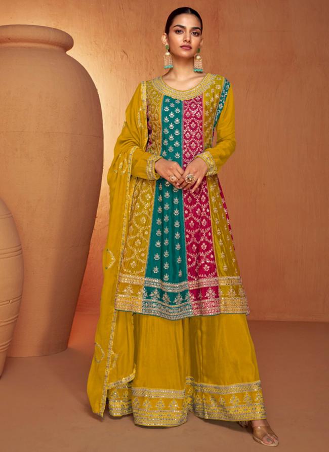 Chinnon Silk Yellow Eid Wear Embroidery Work Readymade Palazzo Suit
